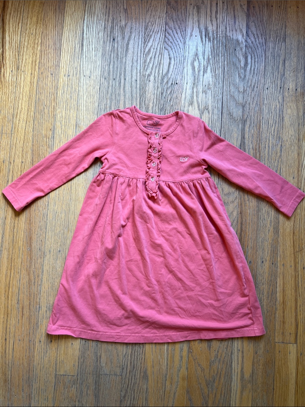 Vineyard Vines Girls' Long Sleeve Coral Pink Ruffle Placket Dress